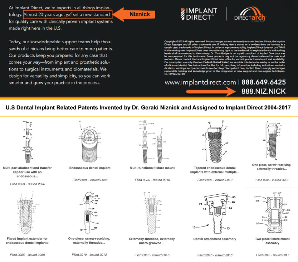 implant direct directarch ad on the top and on the bottom dr gerald niznicks patents that were assigned to implant direct