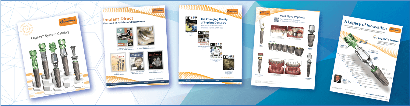 banner with five implant direct sybron brochure covers