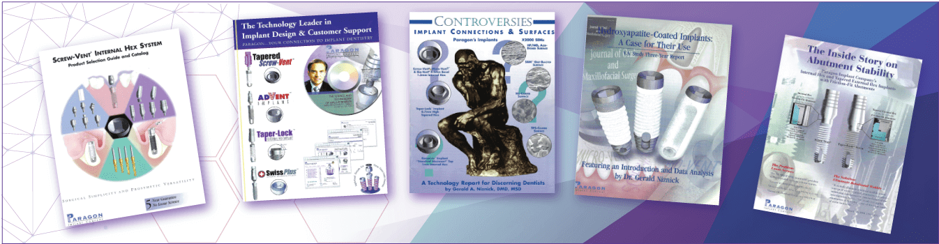 banner with five paragon implant co brochure covers