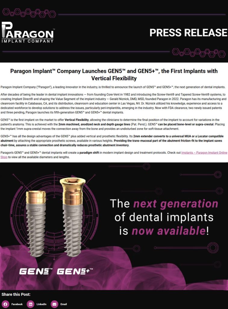 Paragon Implant™ Company Launches GEN5™ and GEN5+™, the First Implants with Vertical Flexibility 