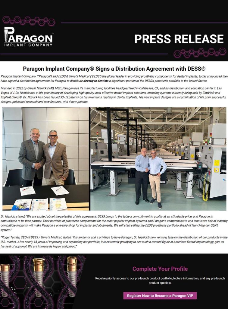 Paragon Implant Company® Signs a Distribution Agreement with DESS®