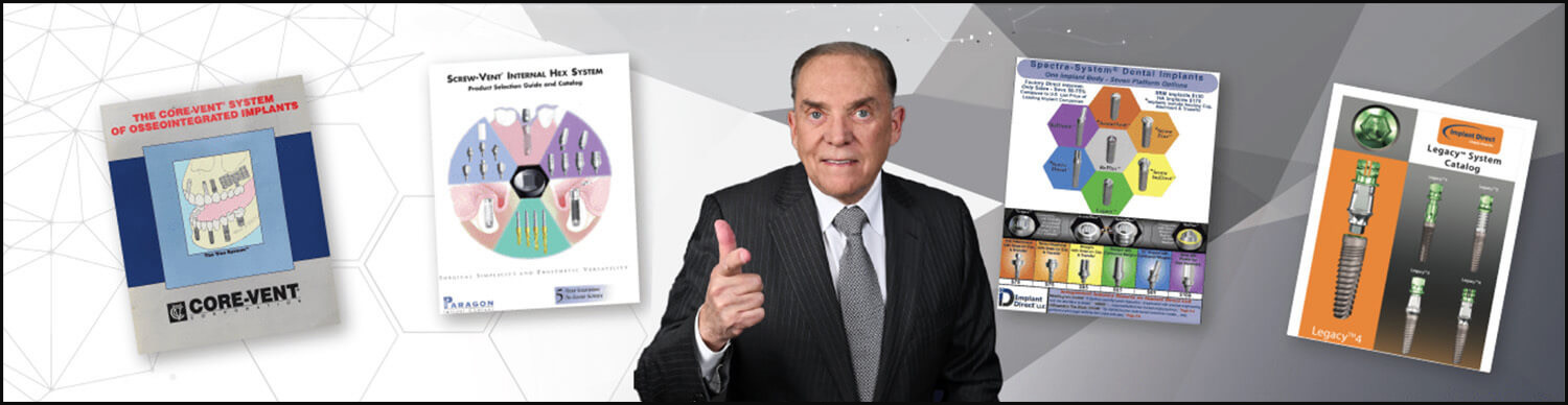 banner with four brochures and dr niznick in the middle showing the 42-year evolution of implant design with a black border