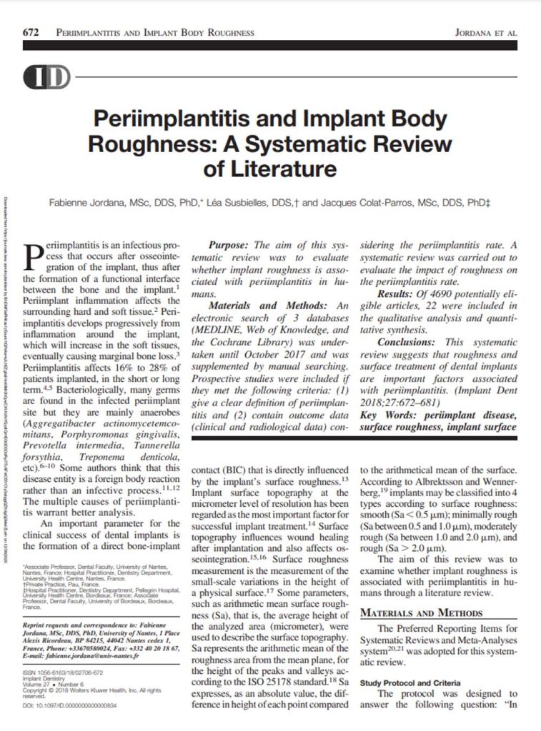 first page of periimplantitis and implant body roughness a systematic review of literature article