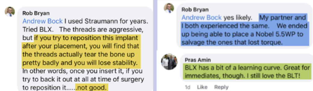 snippet of comments from linkedin about blx threads tearing the bone