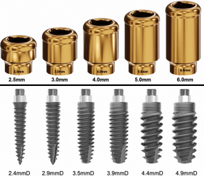 5 locator abutment height options on the top and the 6 zest implant diameter options on the bottom