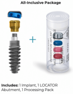 locator implant package consists of 1 implant, 1 locator abutment and 1 processing pack